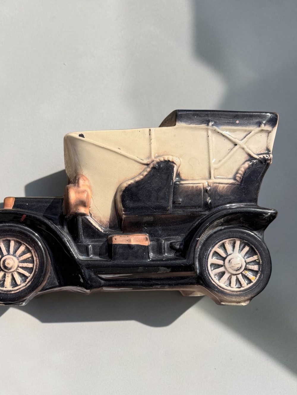 Vintage McCoy USA Antique Car Planter Ceramic Automobile Black Cream Pottery